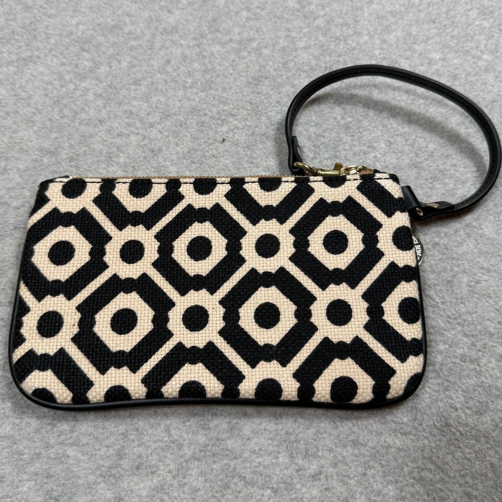 Spartina 449 Daufuskie Island Black Cream Linen Leather Geometric Wristlet Pouch